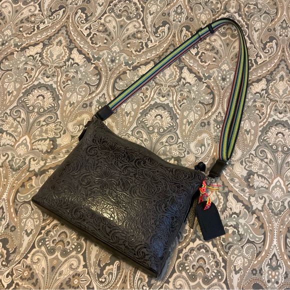 NWOT Rare Consuela Downtown Steely Crossbody Bag Tooled Leather Charcoal - Picture 9 of 16